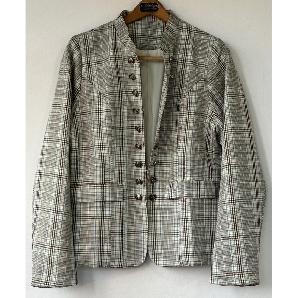 Military Plaid Mandarin Collar Blazer Women‎ Large Blue Brown Excellent